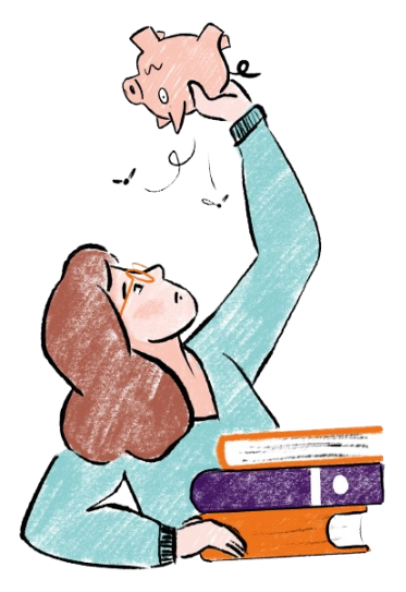A white woman with long brown hair wearing glasses and a blue top holding up a piggy bank to look inside.